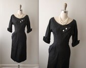 50s Cocktail Dress  // Vintage 1950's Black Fitted Cocktail Party Mad Men Dress S