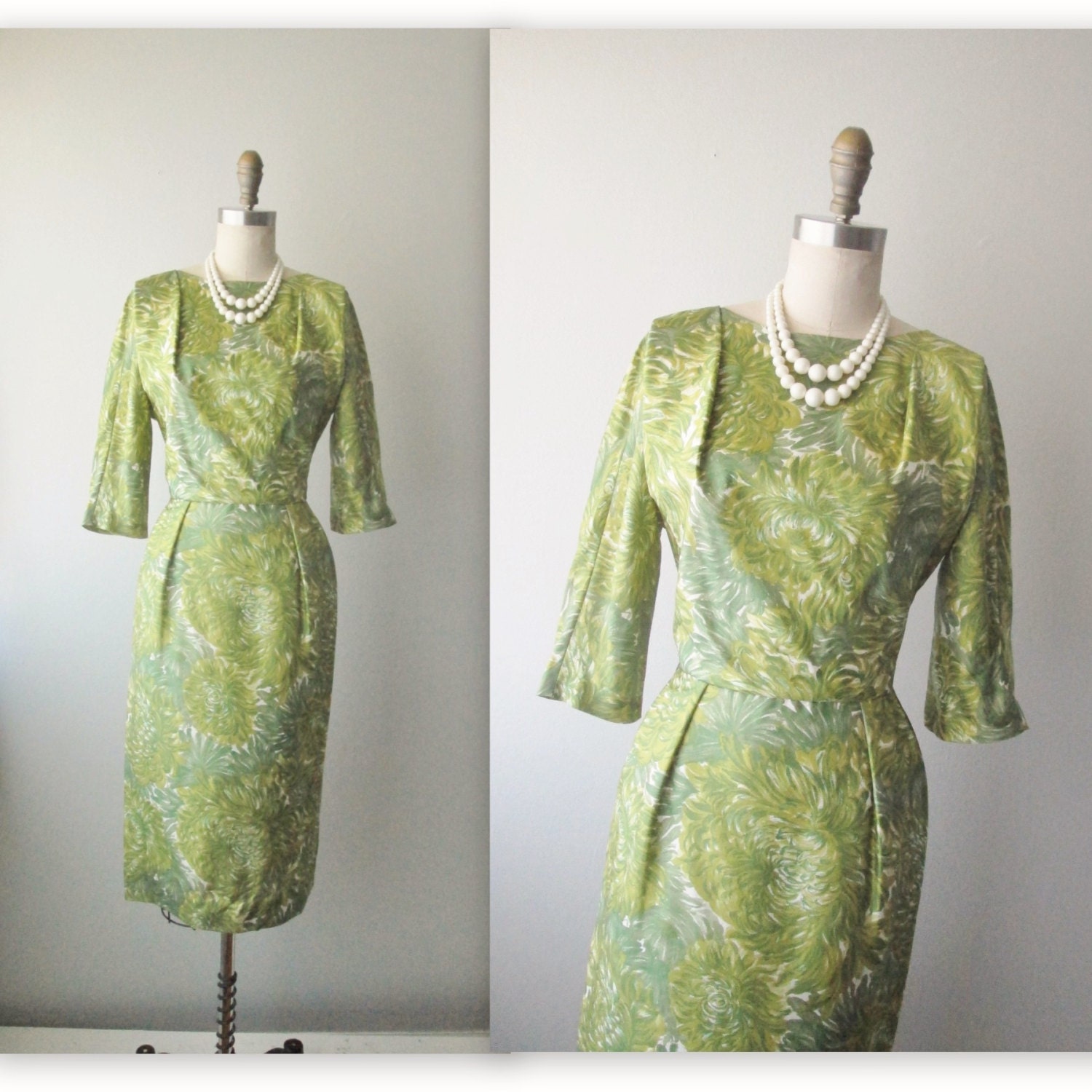 50's Floral Dress // Vintage 1960's Green Floral Print Cocktail Party Mad Men Dress M