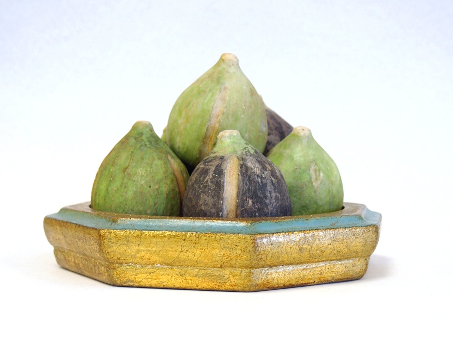 Rare Set of 6 Antique ITALIAN Alabaster Stone Fruit FIGS in Purple and Green Natural RUSTIC HandCarved Pieces - VivaEstelle