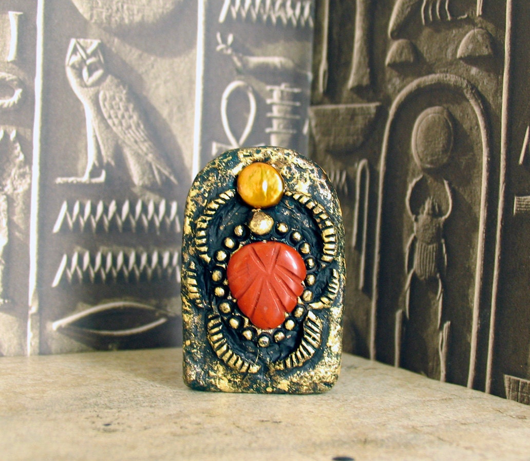 Egyptian Scarab Votive Statue - Khepri with Carved Red Jasper Body and Gold Pearl Solar Disc  - Handmade and Handpainted Altar Amulet