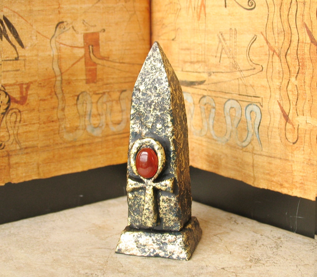 Egyptian Ankh Altar Obelisk with Carnelian Cabochon - Handcrafted Altar or Shrine Votive by Shadow of the Sphinx