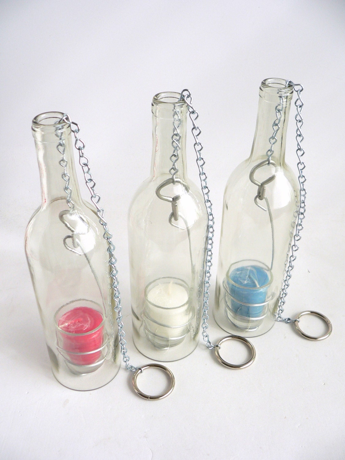 Patriotic Red White and Blue Candles Wine Bottle Candle Holder Hanging Hurricane Lanterns.