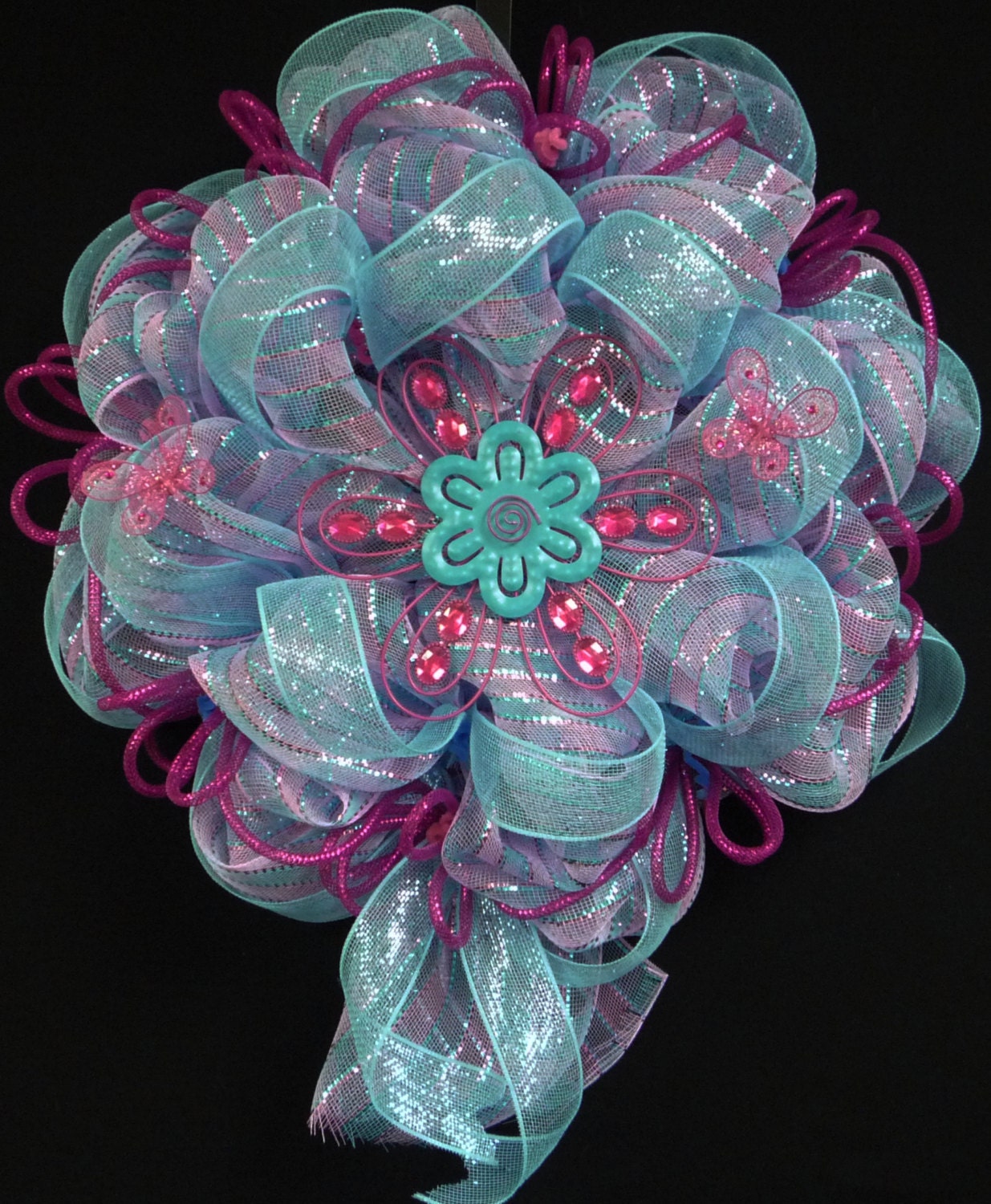 CLEARANCE - Spring Summer Wreath, Deco Mesh, Blue Pink Wreath, Wreaths for Doors, Poly Mesh Wreaths - Item 708