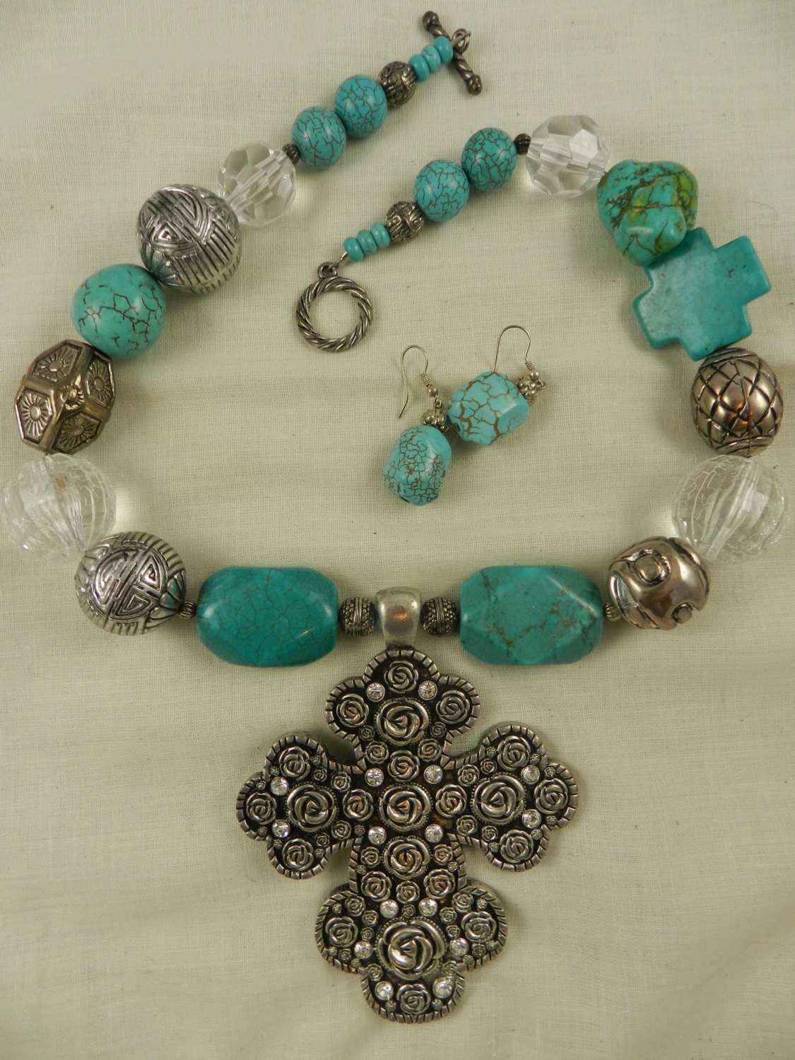 Chunky Turquoise Necklace Cross Rose