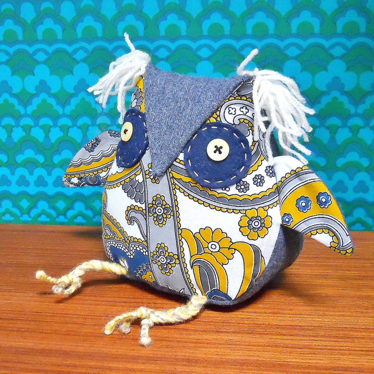 Retro Owl 70s Paisley Vintage Fabric Grey and Mustard