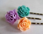 Flower bobby pins, a set of three vintage inspired floral hair pins - peach, purple and coral peach