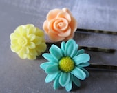 Botanical Flower Hair pins- in yellow, aqua green and peach