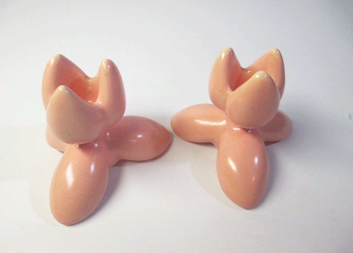 Vintage Pair Pink Art Pottery Flower Candleholders - Art Nouveau Style - Bride, Wedding, Home Decor, Gift