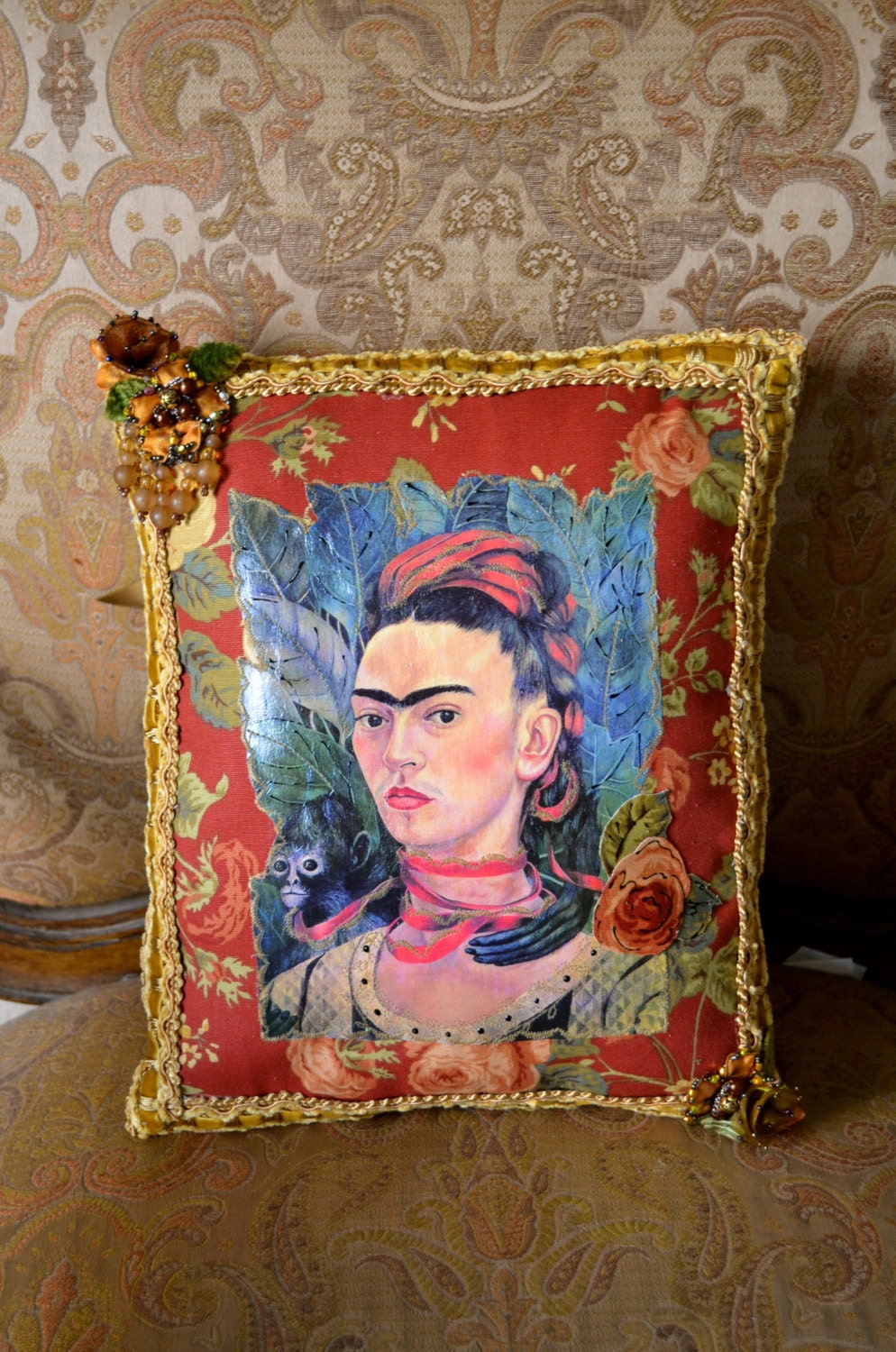 Frida Kahlo Pillow - Retro Mexican Art - Cabbage Rose Floral Pillow - Frida Kahlo Mexican Artist
