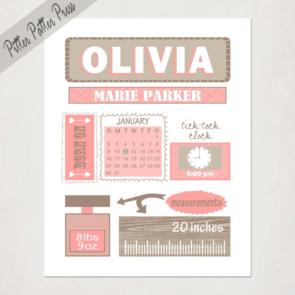 Girl's Birth Announcement Poster // Custom Baby Gift in Pink Tan and Brown // Modern Birth Print // Children's Name Nursery Art // 8x10