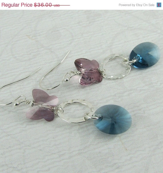 15% OFF Antique Pink Butterfly Montana Sapphire Blue Crystal Hammered Silver Earrings