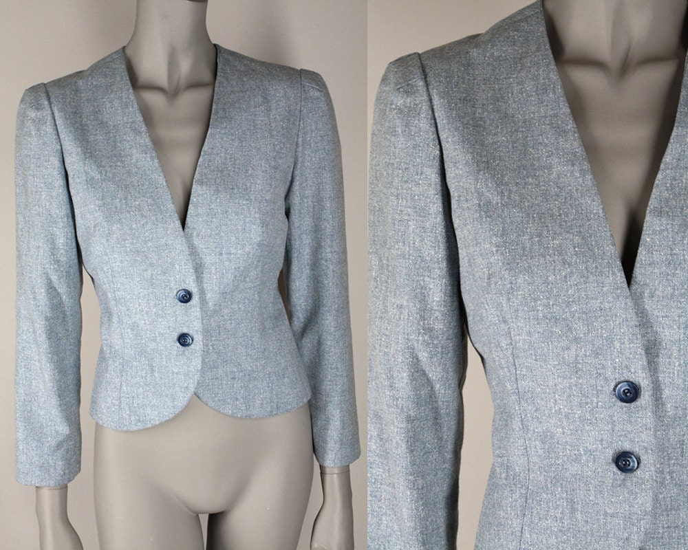 Vintage 1970s Jacket : 70s Light Blue Chambray Linen Blazer S M