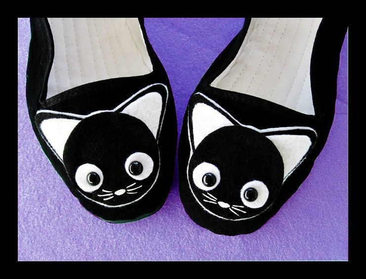 Sz 8 Black White Cat Mary Jane Shoes - Size 8 Kawaii kitty Animal