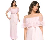 Cape Dress 70s Pastel Soft Pink Maxi Sheer Lace Capelet  Off The Shoulder Romantic 1970s Prom Boho / Size S Small