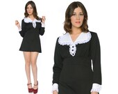 Mini Babydoll Dress 60s Black White Lace Peter Pan Collar Bib Micro Mini 1960s Mod Dolly / Size M Medium