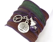 Silk Wrap Bracelet with Tree of Life, Peace Sign, and Amethyst, yoga jewelry, wrapped wrapping bracelet, wrap around,wrist wrap