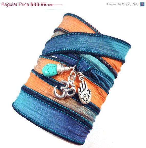 Om Hamsa Silk Wrap Bracelet with Turquoise, yoga bracelet, silk ribbon wrap bracelet, yoga jewelry