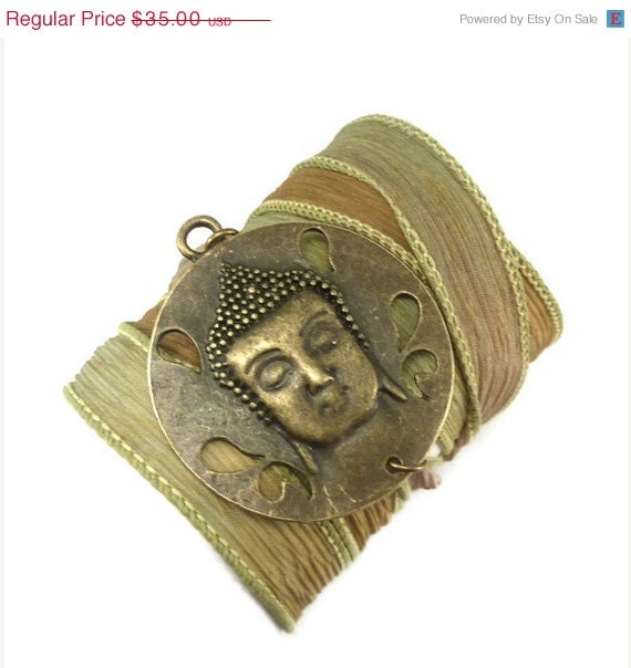Boho Chic Silk Wrap Bracelet with Bronze Buddha Head,yoga jewelry,wrapped, wrapping, wrap around,wrist wrap