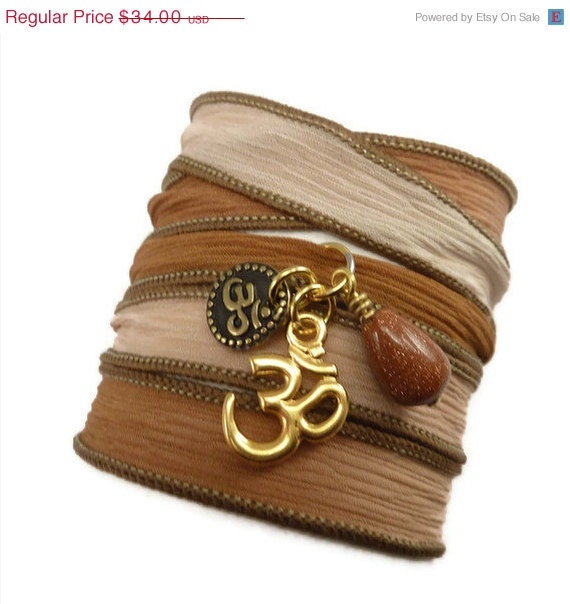 Silk Wrap Bracelet with Om Charms, yoga jewelry, silk ribbon bracelet bracelet,yoga bracelet, Om jewelry