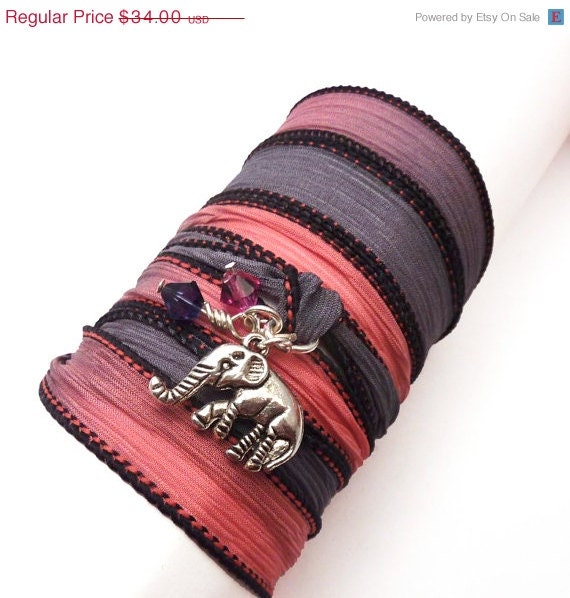 Silk Ribbon Wrap Bracelet with Lucky Elephant Charm,yoga jewelry,wrapped, wrapping, wrap around,wrist wrap