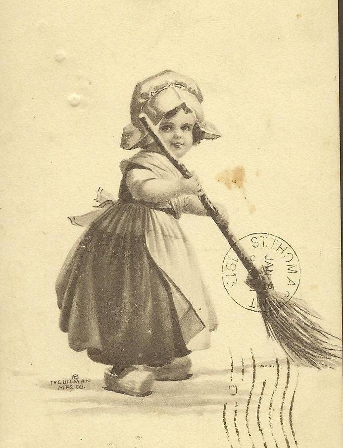 Dutch Girl Sweeping Up Photo-gelatine for hand coloring vintage postcard 1913 Ullman Manufacturing