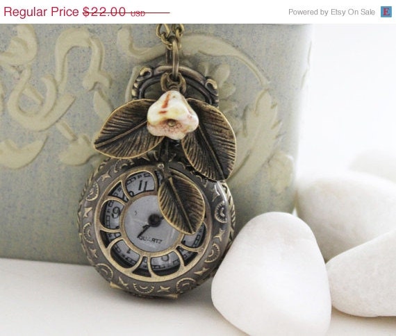 SALE Antique Gold Pocket Watch Necklace Decorated with Leaf and Vintage Green Czech Glass - Small (PW-18)