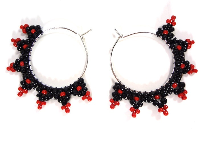 Red and Black Diamond Beaded Hoop Earrings