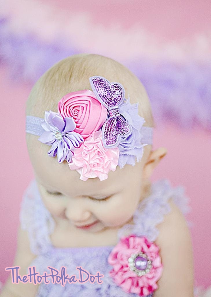 Lavender and Pink Butterfly Flower Elastic Headband / Pink Pearl Rhinestone  - Fits Babies to Big Girls