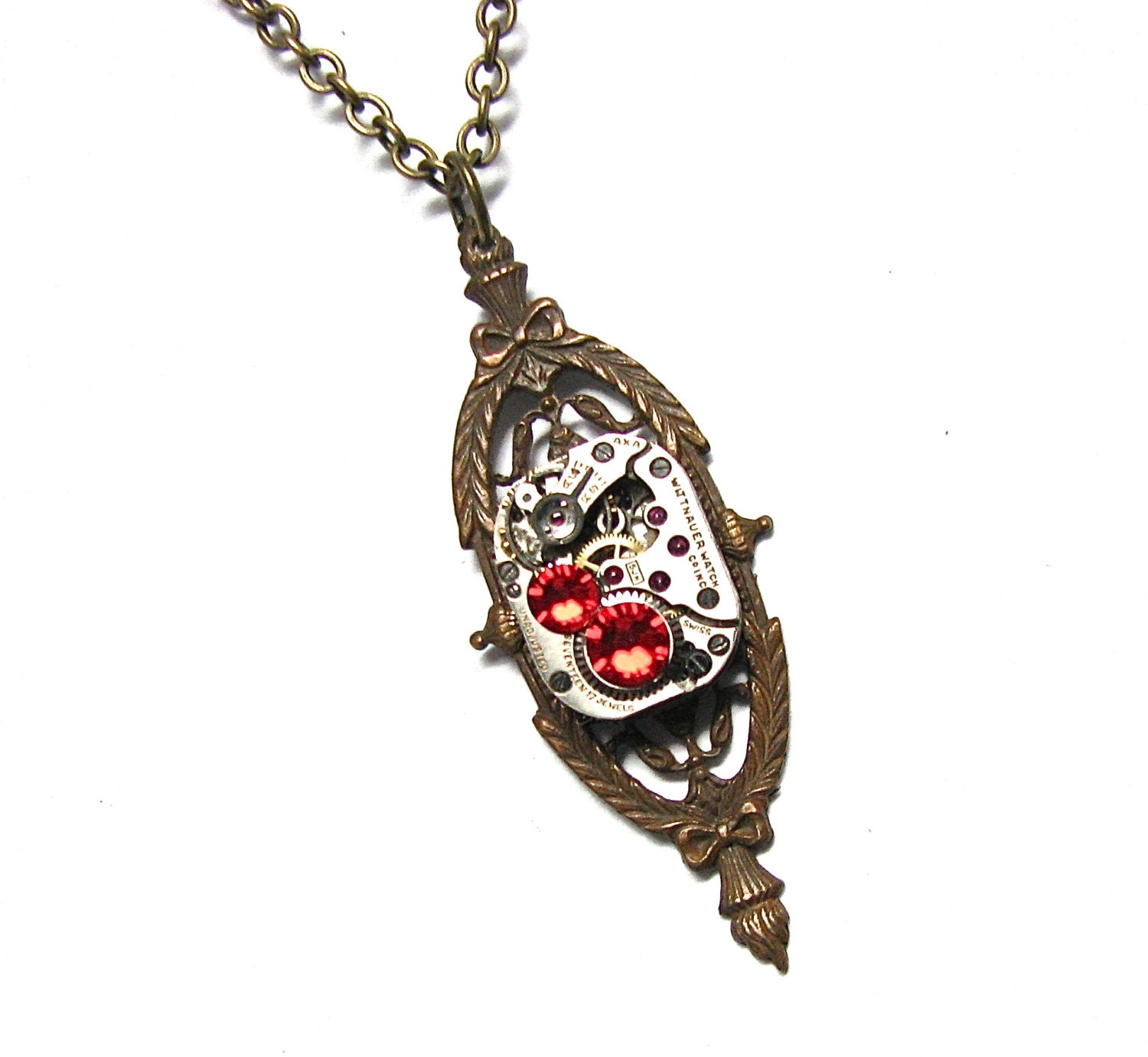 Steampunk Necklace Antiqued Brass Victorian Filigree Charm Finished with A GORGEOUS Jeweled Watch Movement -by Mechanique Steampunk
