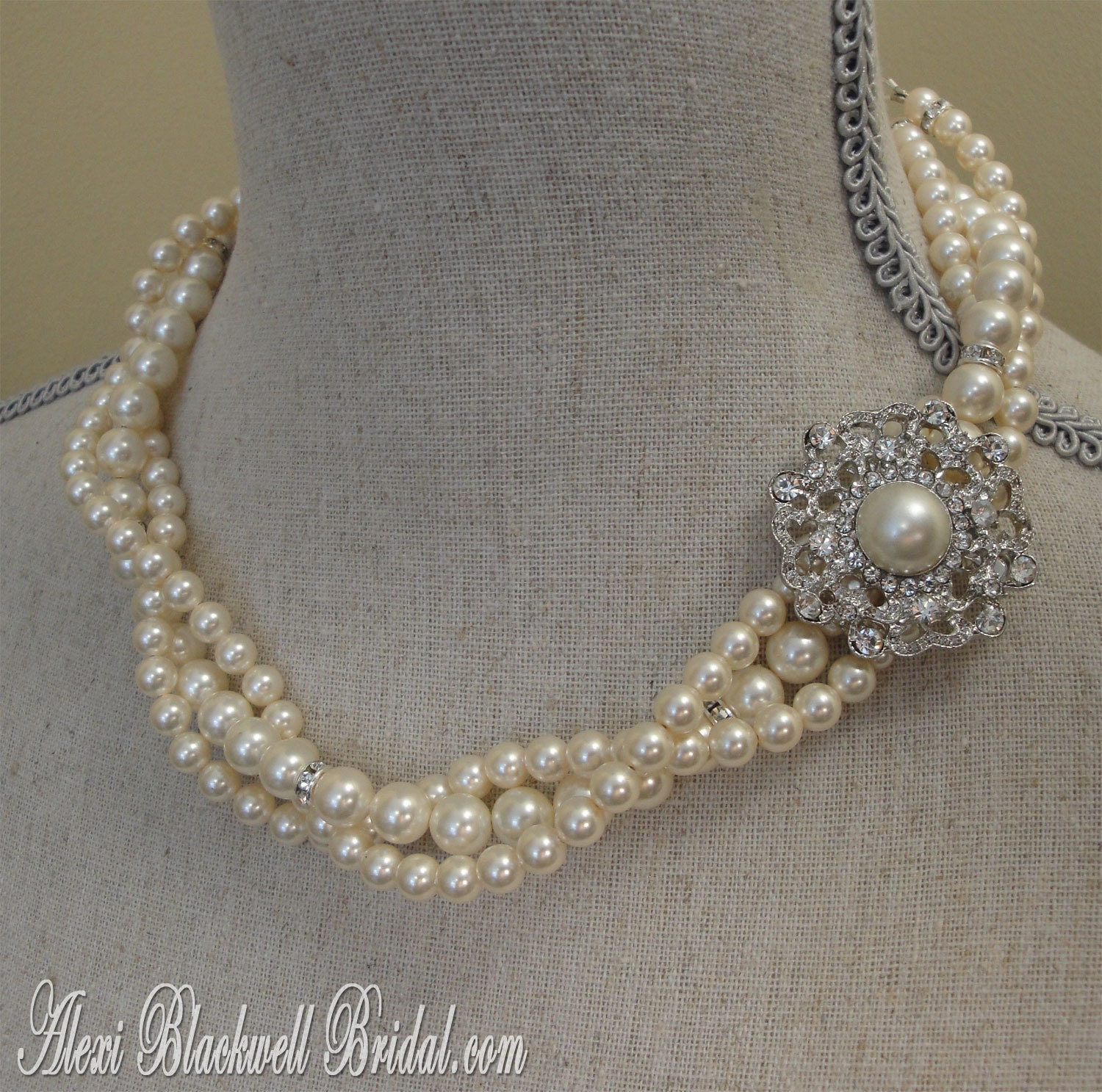 Wedding Jewelry Set - Brooch and Twisted Swarovski Cream Ivory or White Pearls with 3 strands and pretty Pearl Brooch Bridal jewelry sets