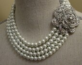 Wedding Jewelry Set with Rhinestone Flower Brooch 4 multi strands of White Glass Pearls Bridal jewelry sets Mother of the bride