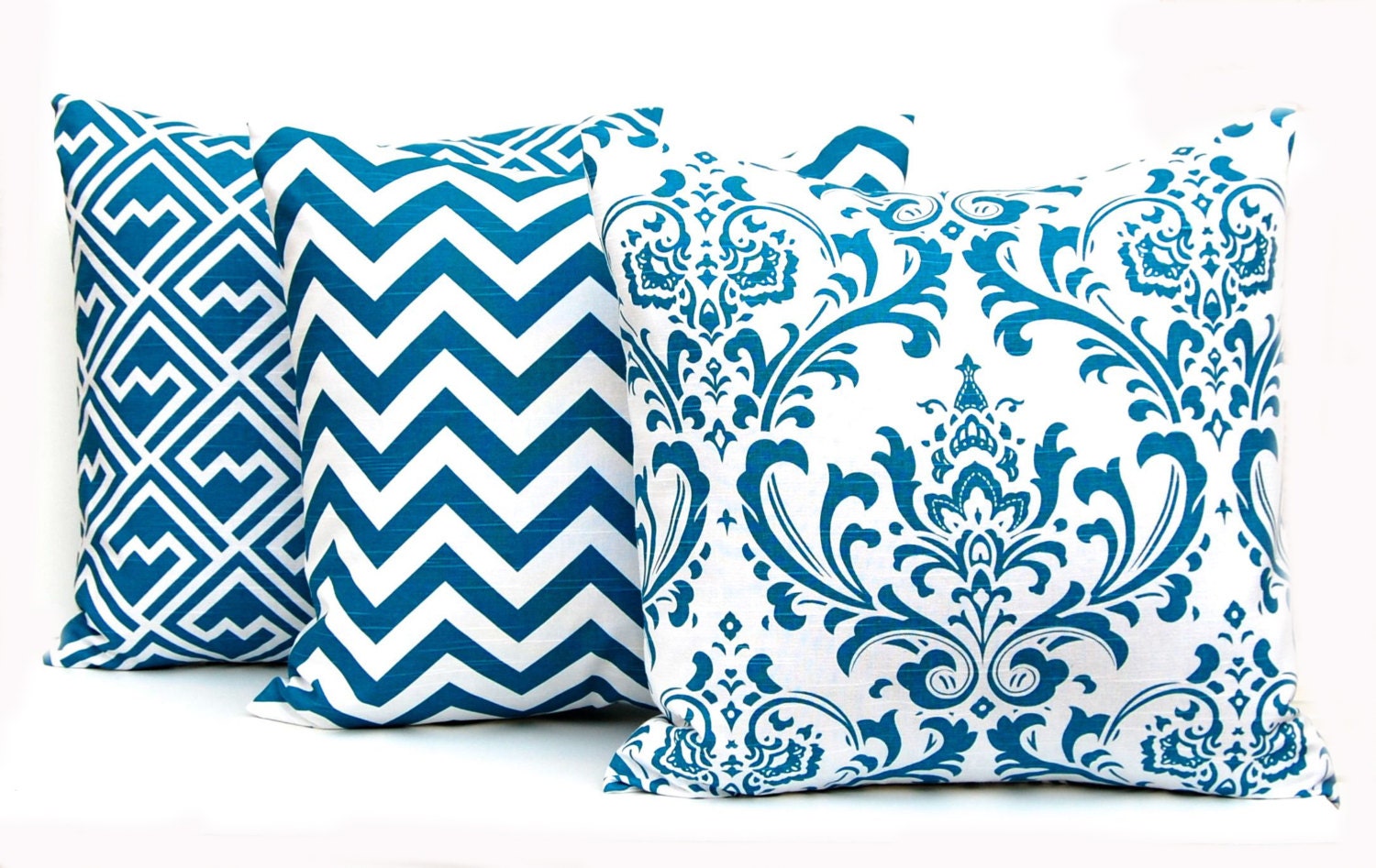 Decorative Pillows Chevron Pillows THREE 18 x18 Throw Pillows Aquarius Blue Deep Turquoise on White Slub Zig Zag by Premier Prints