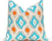 Throw Pillow Covers Turquoise, Orange and Gray on Natural 20 x 20 Cushion Covers Decorative Pillows