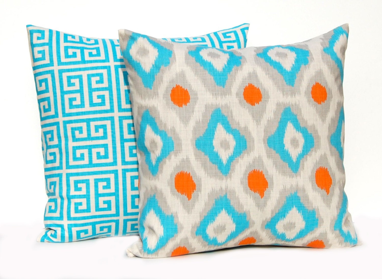 MEMORIAL DAY SALE Euro Shams Throw Pillow Covers 24 x 24 Turquoise, Orange and Gray on Natural Cushion Covers Decorative Pillows