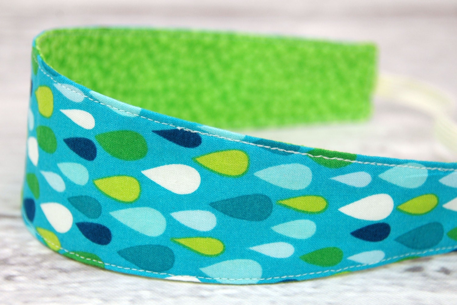 Reversible Fabric Headband- Children Toddler in Raindrops in Blue, Green and Yellow, Spring Street, Carolyn Gavin P&B Textiles