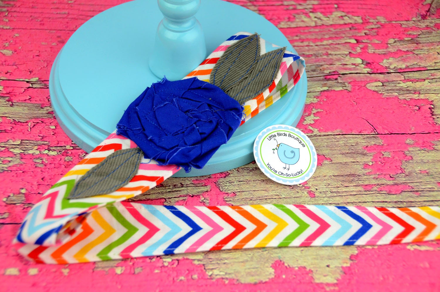 Adult or Child Fabric Flower Head Wrap, Tie, Sash, Headband, With Rose Flower Rainbow Chevron