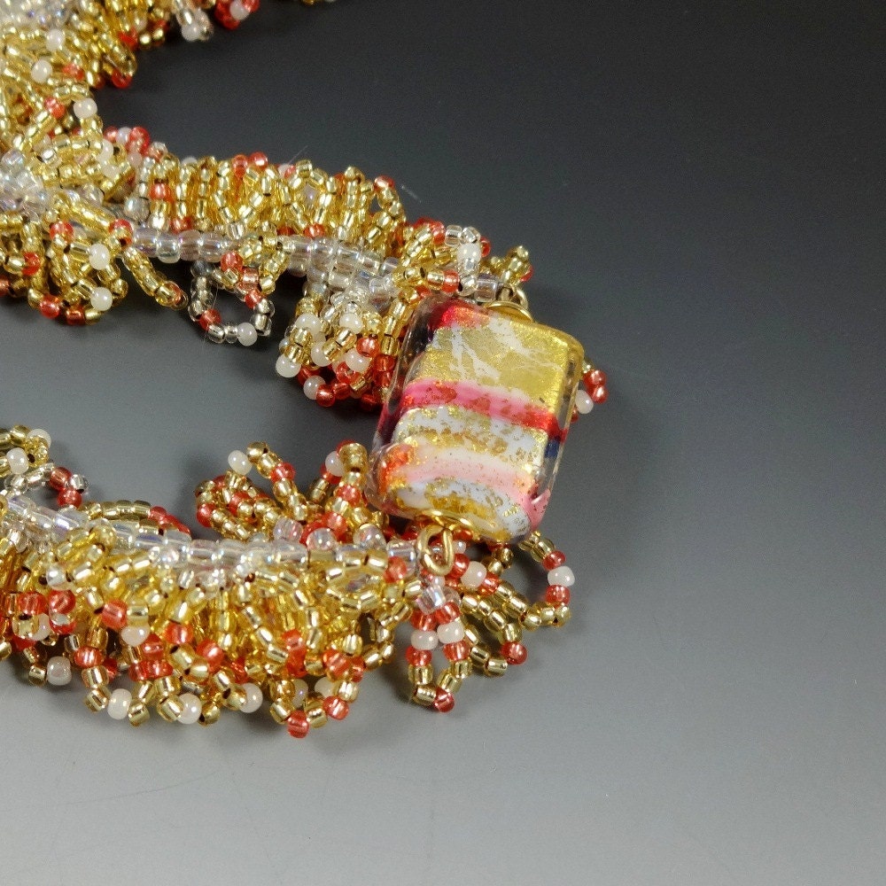 High Fashion Statement Necklace Murano Glass Gold White Coral Seedbead Loops Handmade
