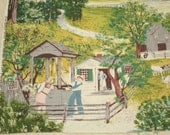 Grandma Moses "At the Well" Vintage Barkcloth - 22 Inches by 17 Inches