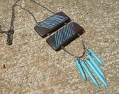 Huntress--Embroidered Wood Chevron with Turquoise Howlite Spikes--Blue and Gray--bib necklace