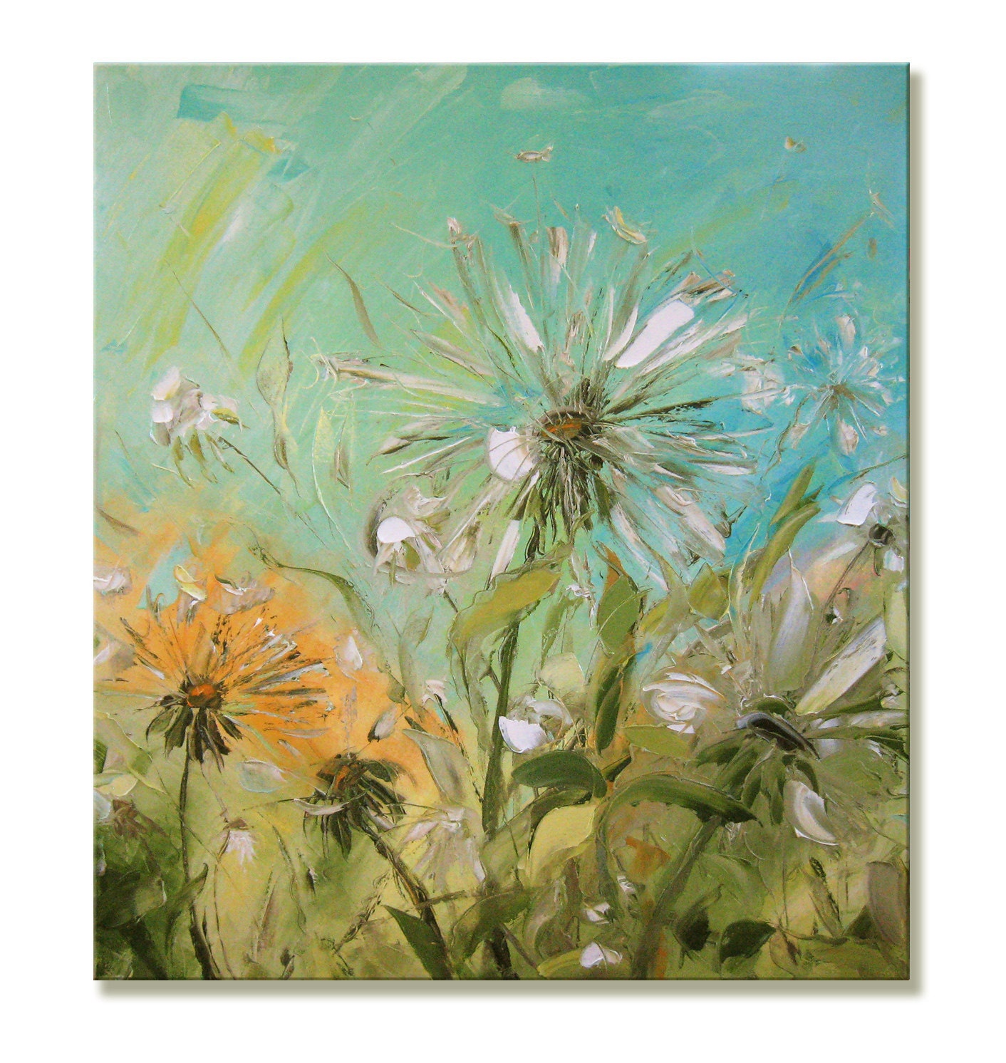 The Dandelions - Original Large Floral Oil Painting on Canvas Palette Knife - by SOLOMOON - gallery fine art ready to hang impasto