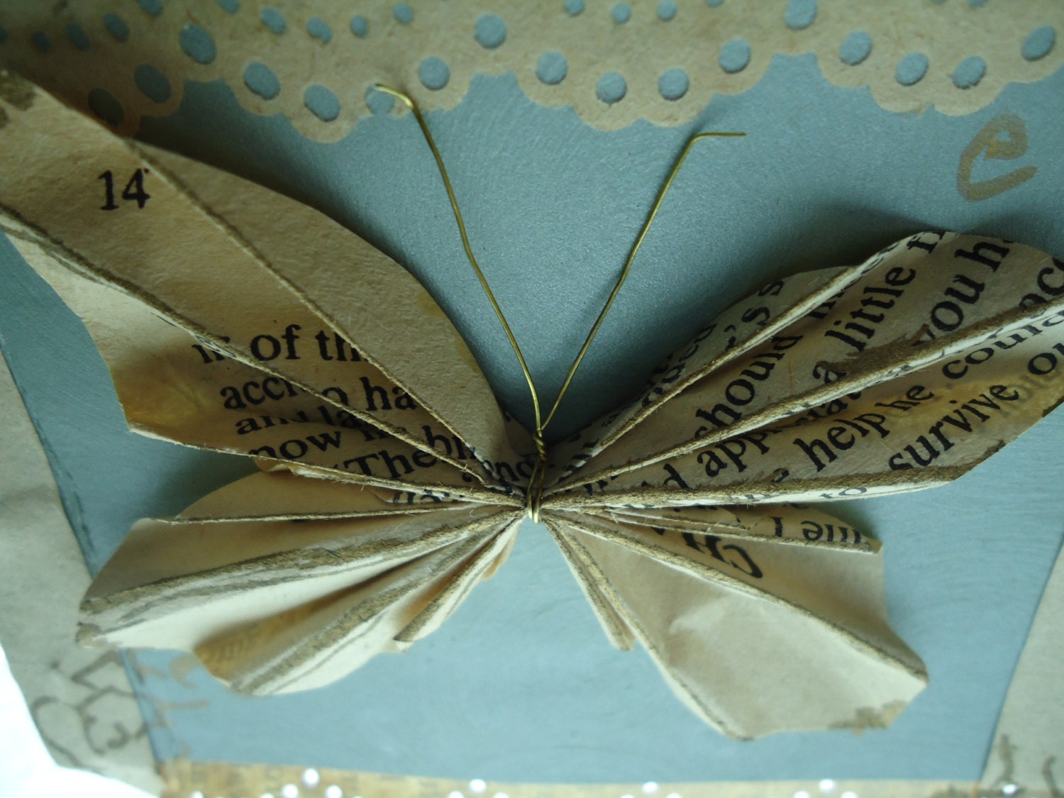 Chapter Three Butterfly with Lace - 3D Textured Art Card Shiny Blue Ivory Gold Metallic Brass Lace Anniversary Blank OOAK Upcycled