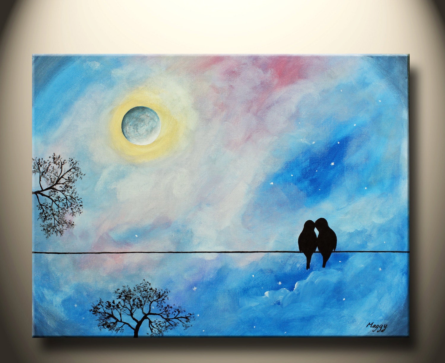 love birds kissing in starry night- 24x18inch original painting on stretched canvas, ready to hang,great wedding gift