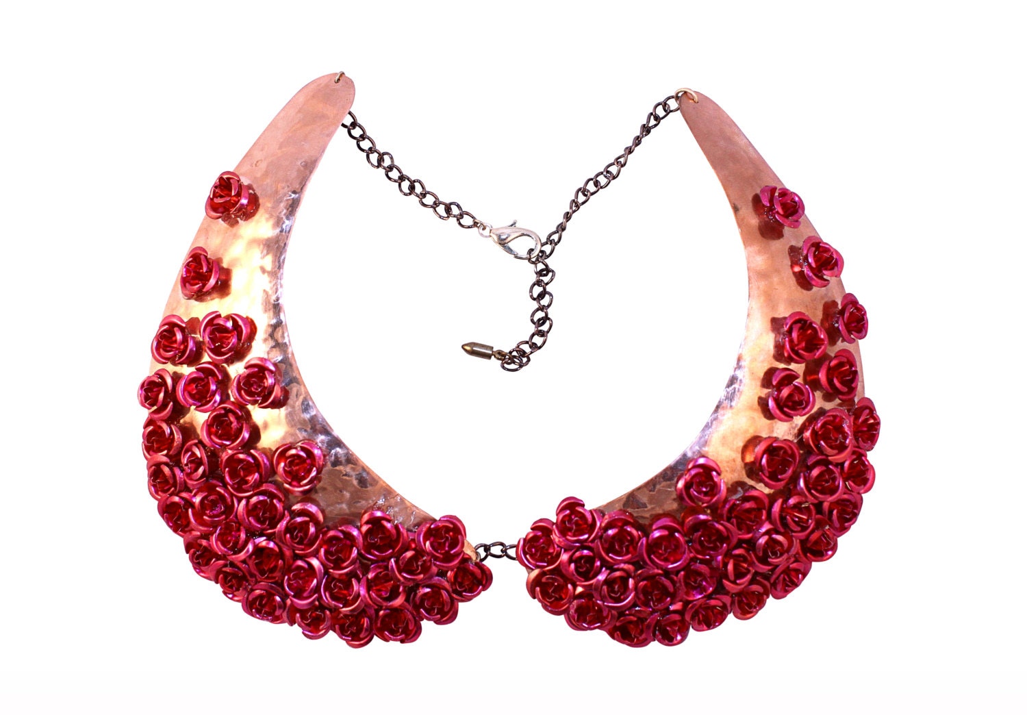The Andy Collar - Copper Peter Pan Collar Bib Necklace with Pink Aluminum Roses - Featured in the April 2013 issue of British Vogue