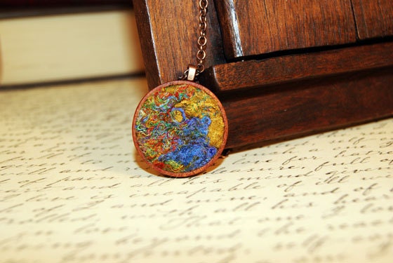 Rustic Blue Mustard Wool Silk Round Pendant. Gift 35