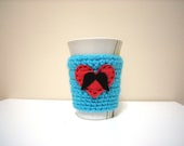 Turquoise Red Heart Black Mustache  Coffee Cozy, Coffee Mug Cozy, Neutral cup cozy ,Coffee Cozy Sleeve