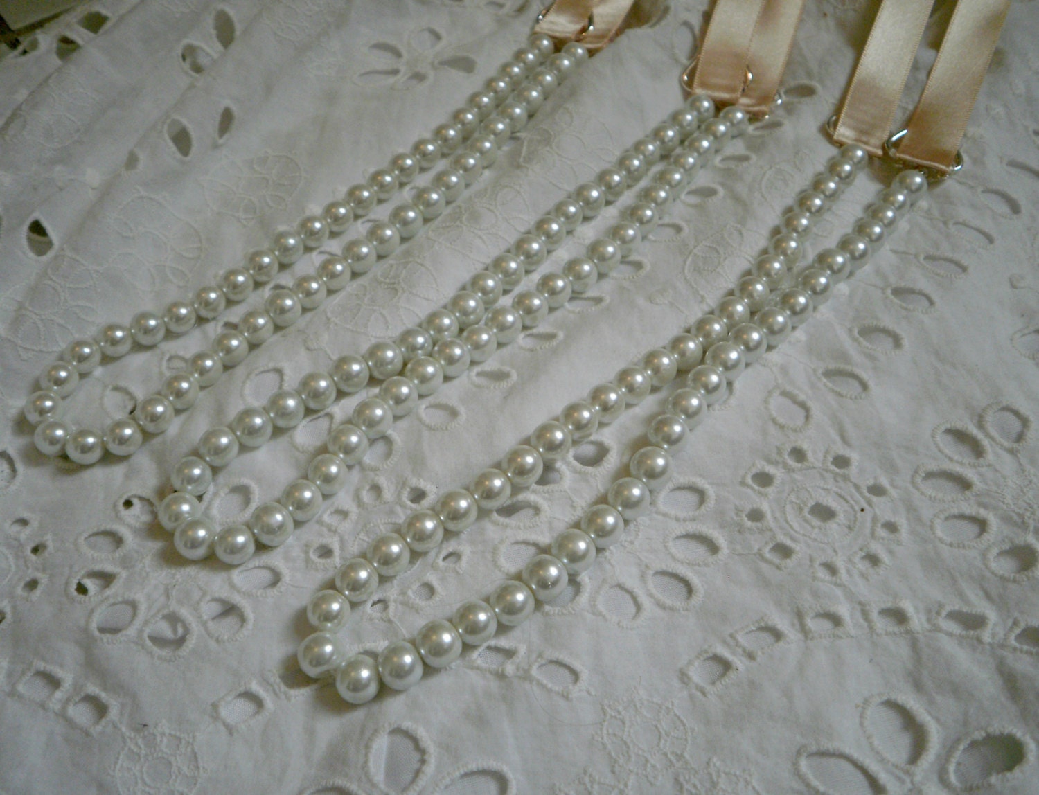 Pearl Necklace Bridesmaids Gifts Set of Three Pearl And Ribbon Necklaces With White Pearls And Nude Satin Ribbon