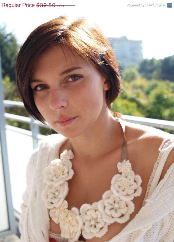 SALE Crochet and satin flowers bib necklace in cream Flower necklace
