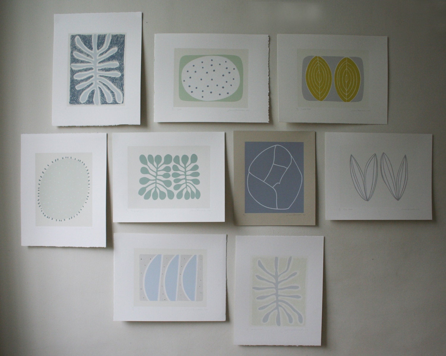 Set of nine nature inspired original fine art screenprints. Handmade in muted shades of greys, blues, creams, greens on finest quality paper