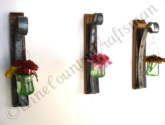 Set of 3 Wall Hanging Candle / Flower Holders - 100% recycled glass and Wine Barrels