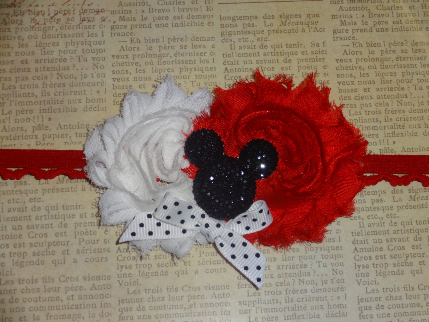 Mickey/Minnie Mouse Headband with Rosettes, Ribbon, and Rhinestone
